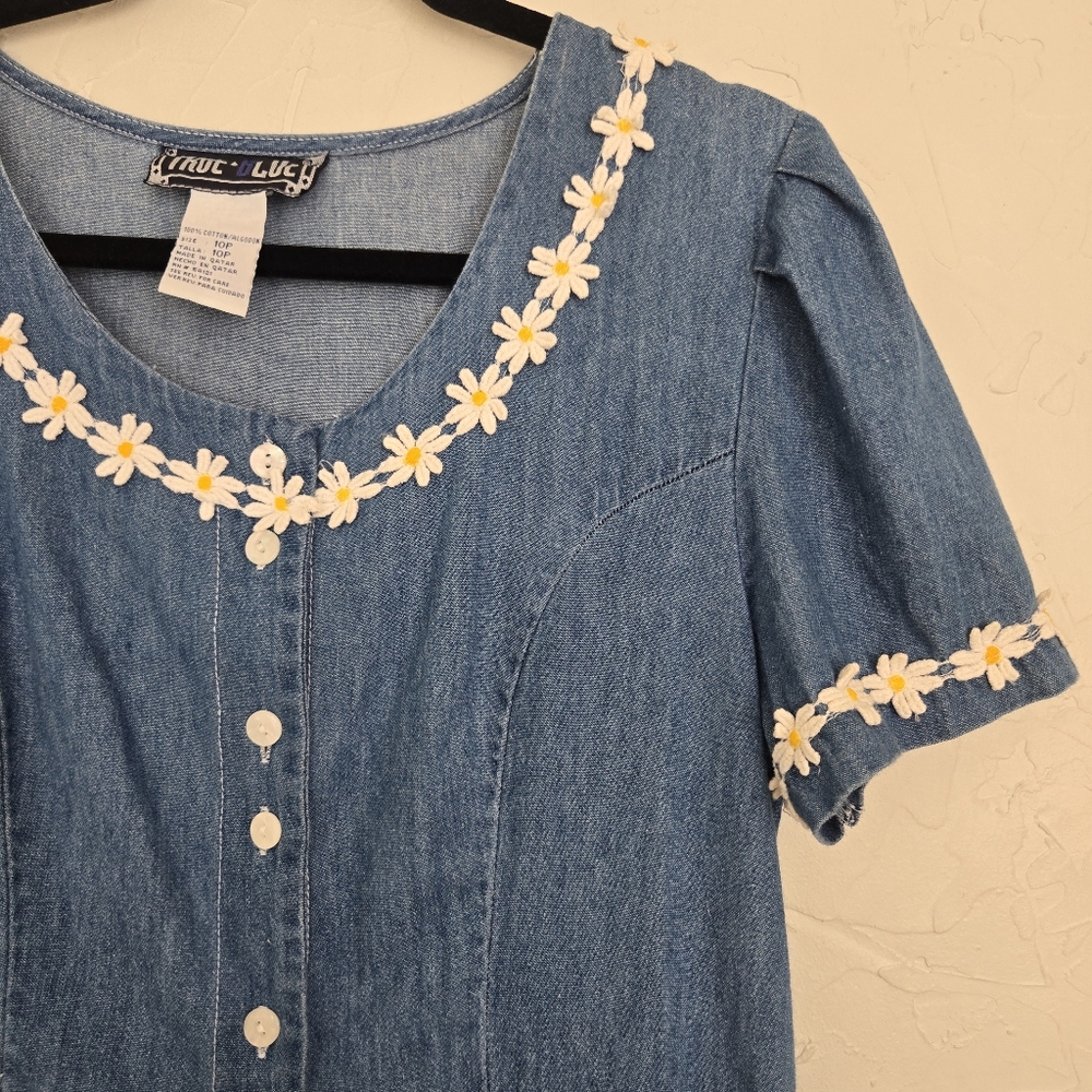 Vintage Daisy Trim Denim Jean Button Front Midi Dress, M - Picture 4 of 11